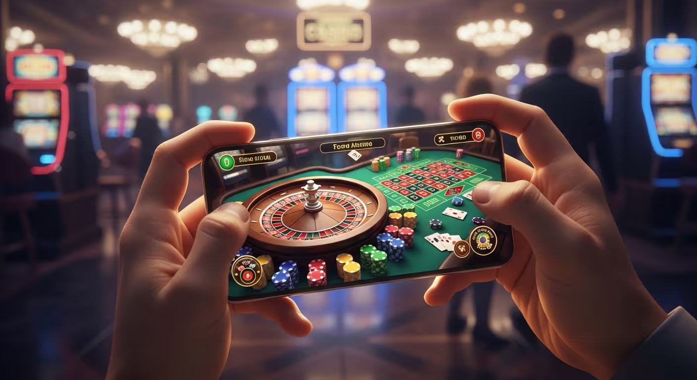 Person genießt immersive mobile Casino-Spiele auf einem modernen Smartphone mit lebendiger Grafik