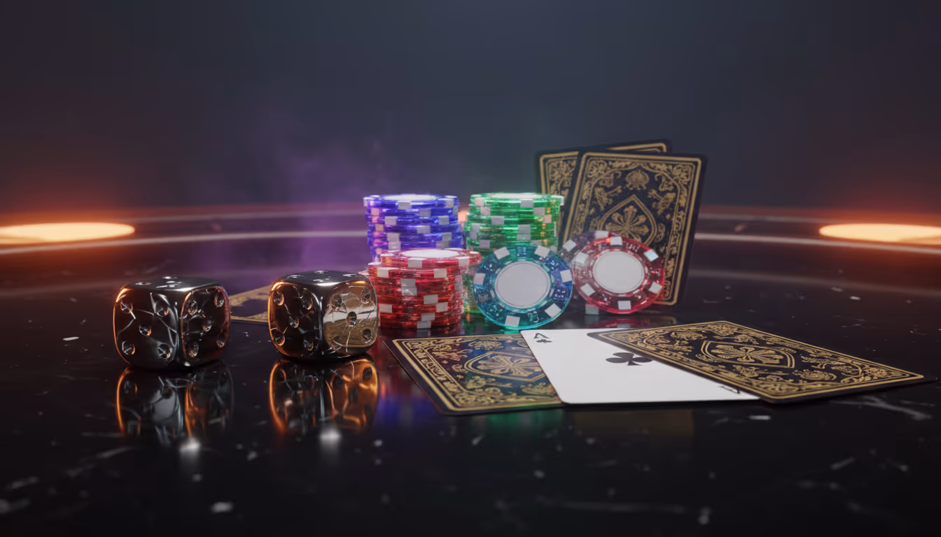 Dramatische Nahaufnahme von Pokerchips, Karten und Promi-Silhouetten in rauchiger Casino-Atmosphäre