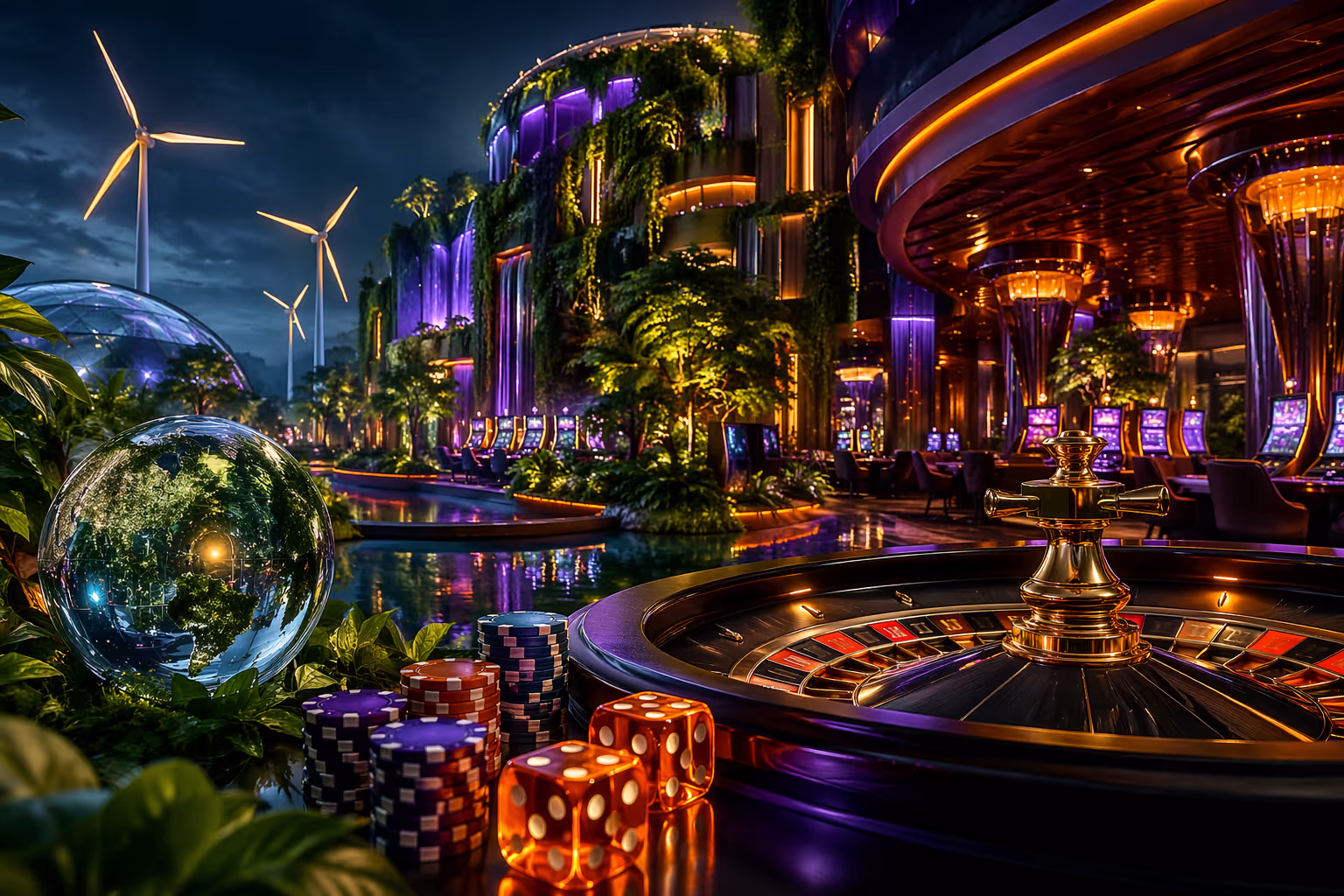 Lebhaftes grünes Casino-Interieur mit Solarpanelen, üppigen Pflanzen und leuchtenden nachhaltigen Spieltischen