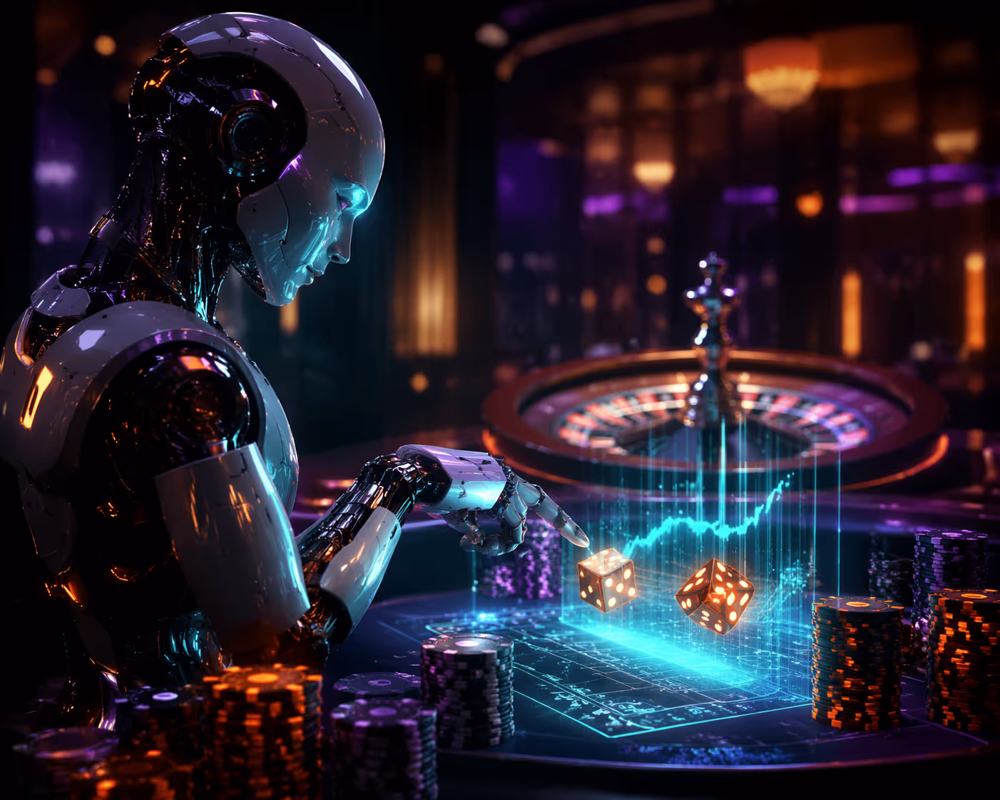 Futuristinen tekoälykäyttöliittymä kasinolla hohtavien neuroverkkojen, datavisualisointien ja innostuneiden pelaajien kera